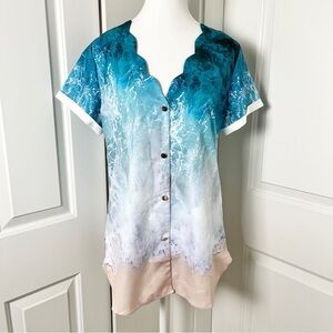 Noracora Life's a Beach Graphic Button Down Blouse w/ Smiley Face Buttons, Small